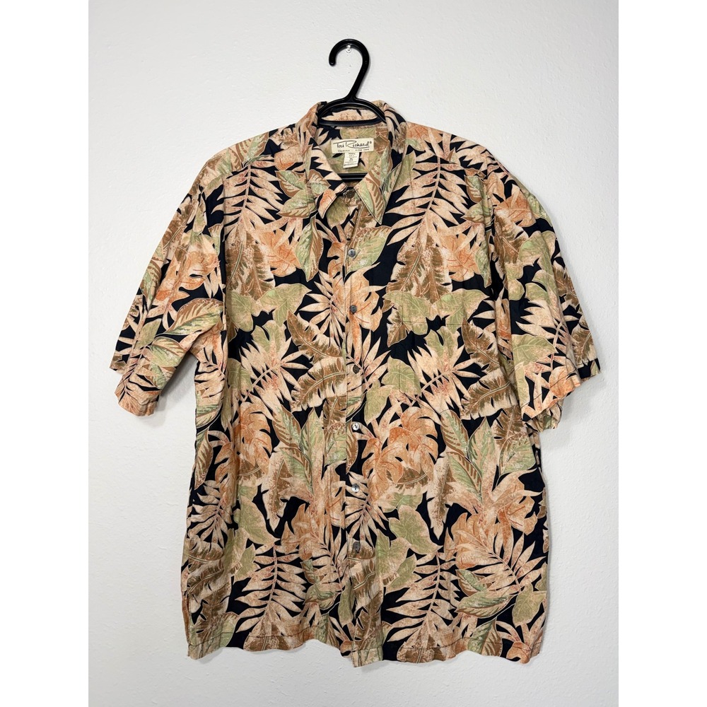 Tori Richard Mens XL Cotton Lawn Tropical Leaf Button Down Shirt Orange Green